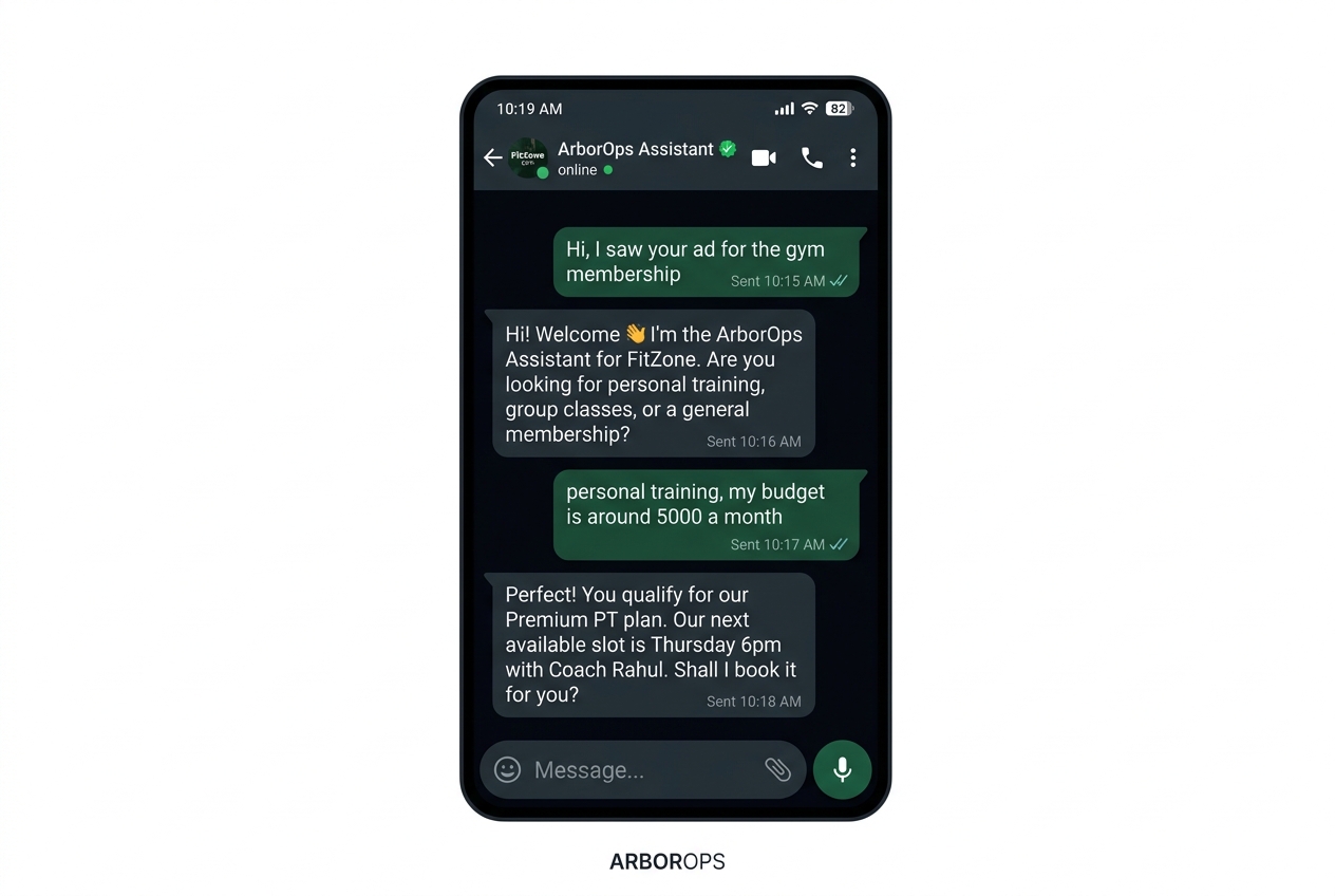 WhatsApp AI agent conversation — qualifying a lead and booking an appointment automatically